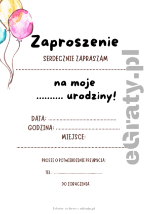 Darmowe zaproszenie urodzinowe do druku z polami do wypisania i motywem graficznym.