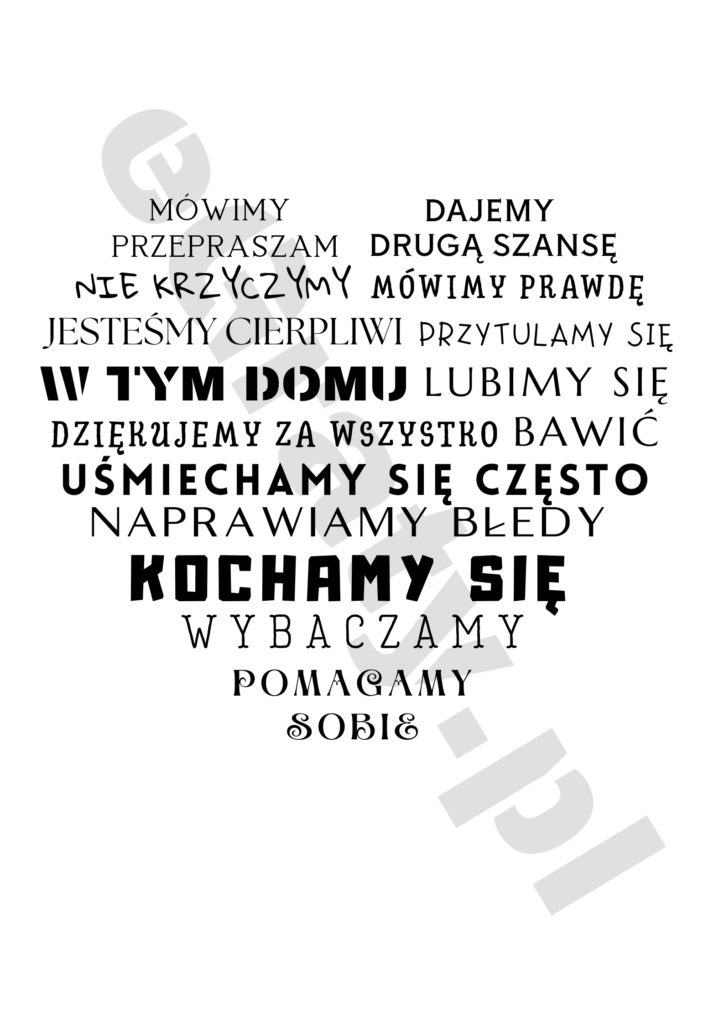 Zasady Domu Plakat do Druku — czarno-biała typografia z rodzinnymi zasadami, format A4
