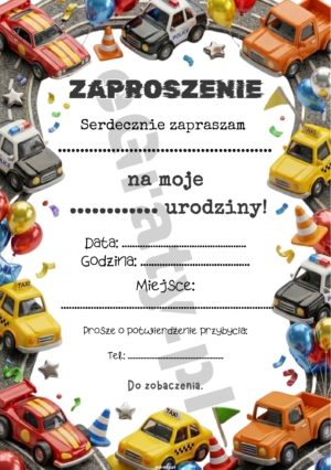 Zaproszenie urodzinowe z samochodami dla chłopca