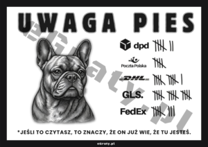 Śmieszna Tabliczka Uwaga Pies Buldog Francuski do druku PDF/PNG