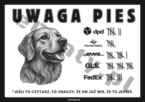 Śmieszna Tabliczka Uwaga Pies Golden do druku PDF/PNG