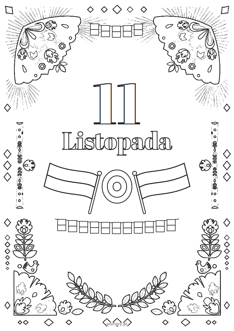 11 listopada kolorowanki do druku — ramka łowicka, flagi i kotyliony do pokolorowania