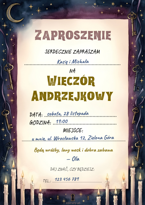 Zaproszenie na andrzejki do druku — nocna ramka z kluczami, świecami i księżycem, wypełniona przykładowymi danymi