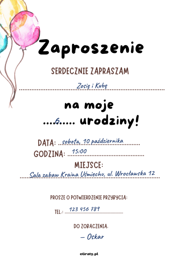 Darmowe zaproszenie urodzinowe do druku — szablon PDF z balonikami, wypełniony przykładowymi danymi