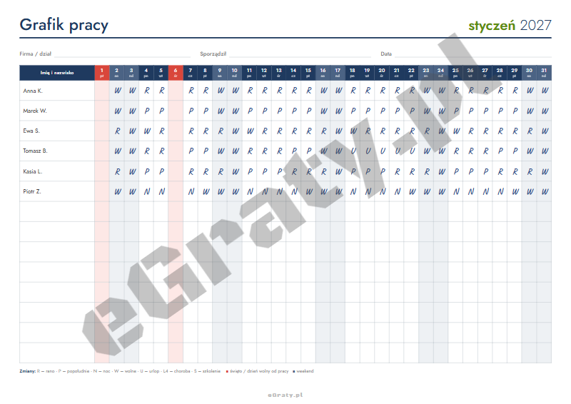Grafik pracy 2027 do druku — styczeń, przykład wypełniony zmianami
