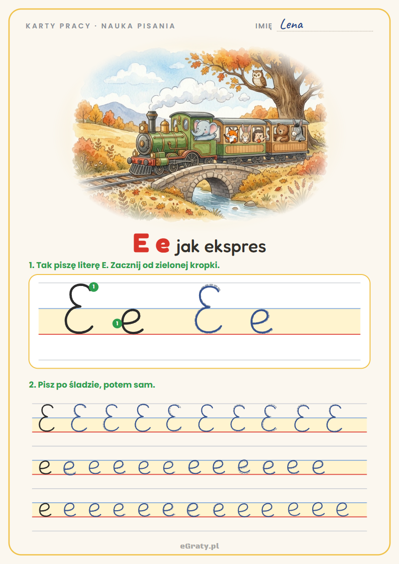 Karty pracy litera E do druku — E jak ekspres, pisana litera w liniaturze