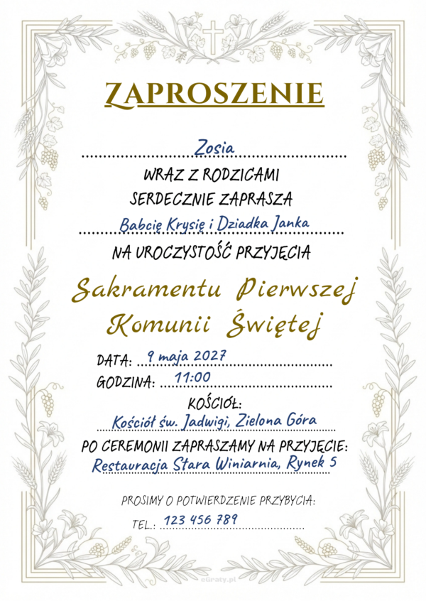 Zaproszenie na komunię do druku — elegancki szablon z kłosami i liliami, wypełniony przykładowymi danymi
