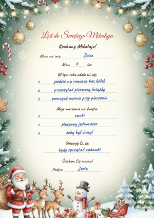 list do Mikołaja do druku — przykład wypełnienia