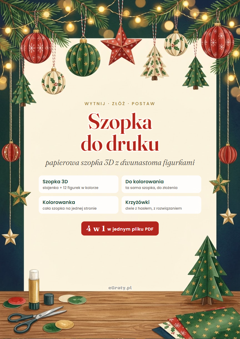Szopka do druku – komplet 4 w 1: szopka 3D z figurkami, do kolorowania, kolorowanka, krzyżówki - obrazek 2