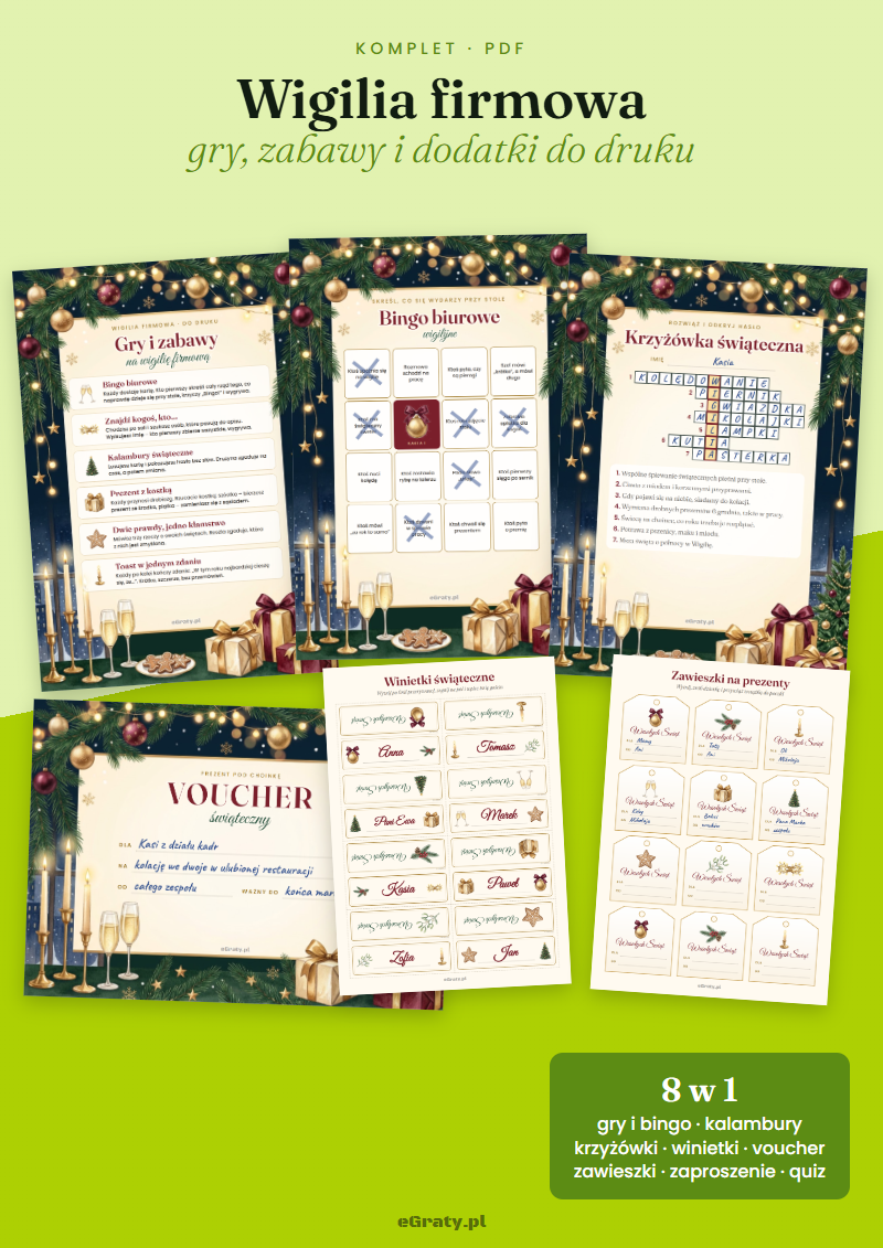 Gry na wigilię firmową — komplet do druku: bingo, kalambury, krzyżówki, winietki, voucher