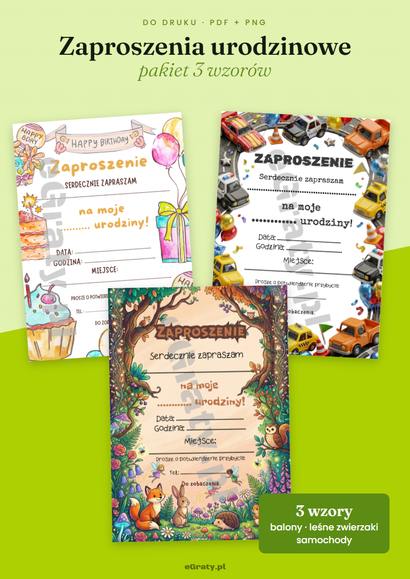 Zaproszenia urodzinowe do druku PDF — pakiet 3 wzorów: balony, leśne zwierzaki, samochody