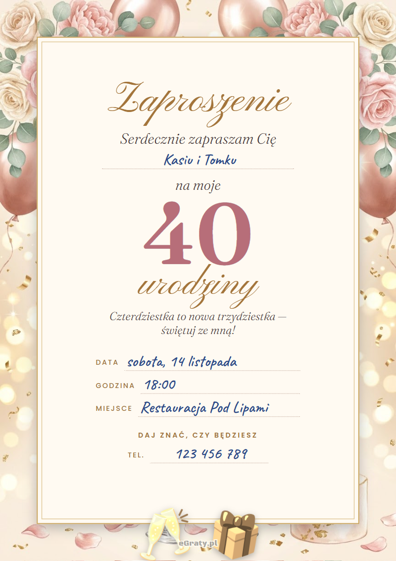 Zaproszenie na 40 urodziny dla kobiety do druku — róże, pudrowe balony, złota ramka