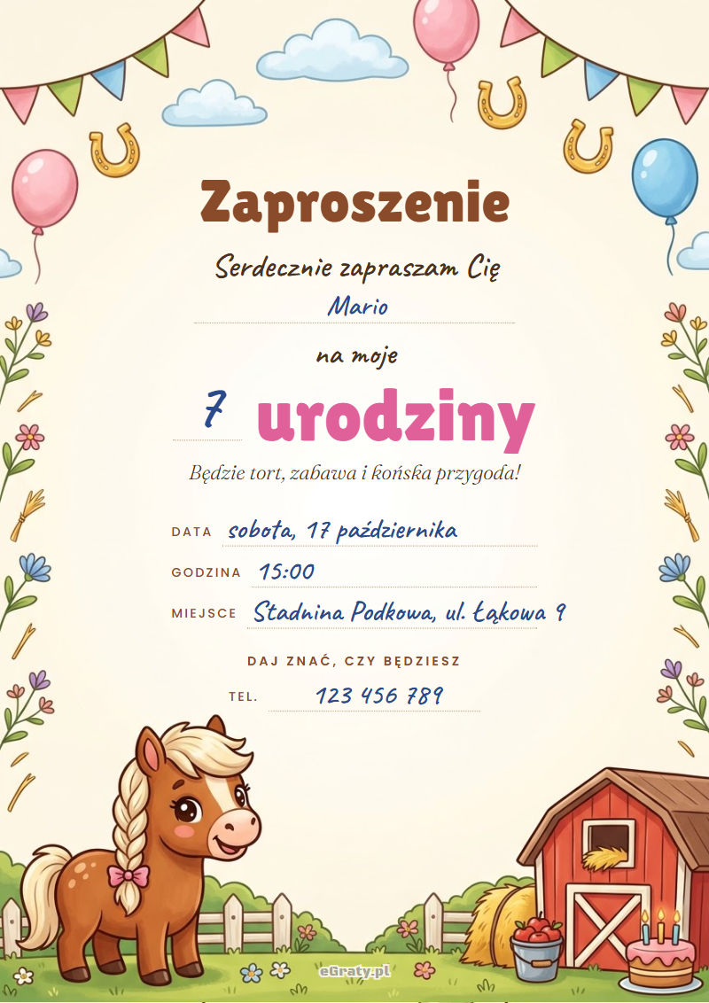Zaproszenie na urodziny konie do druku — kucyk z warkoczem, czerwona stajnia i tort