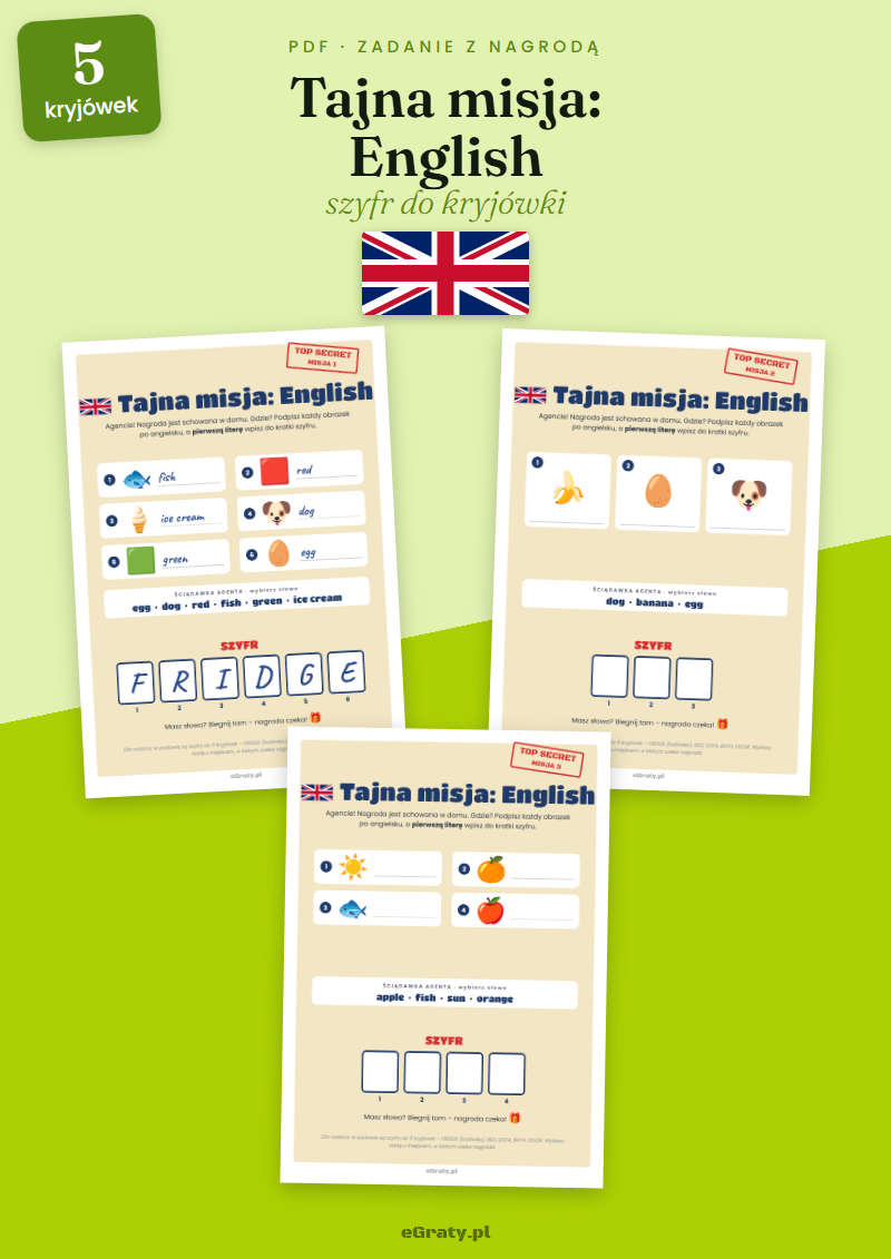Angielski zadania dla dzieci do druku — Tajna misja English z szyfrem FRIDGE
