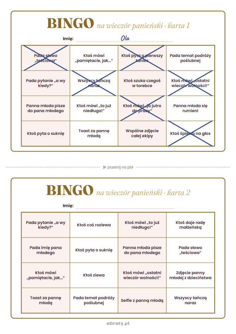 bingo na wieczór panieński — przykład