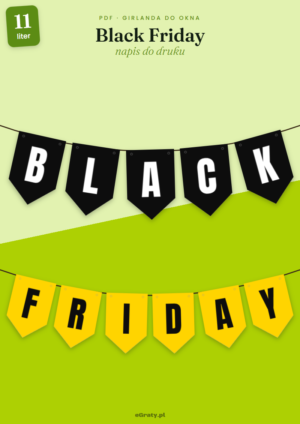 Black Friday napis do druku — girlanda z chorągiewek na sznurku: czarne BLACK i żółte FRIDAY