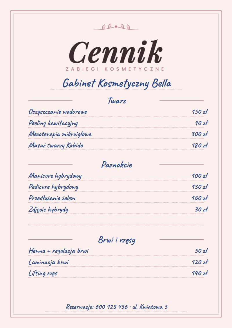 Cennik kosmetyczny szablon do druku – PDF z polami do wpisania, róż i listki, działy Twarz, Paznokcie, Brwi i rzęsy, wersja kolorowa i oszczędna, A4 - obrazek 3