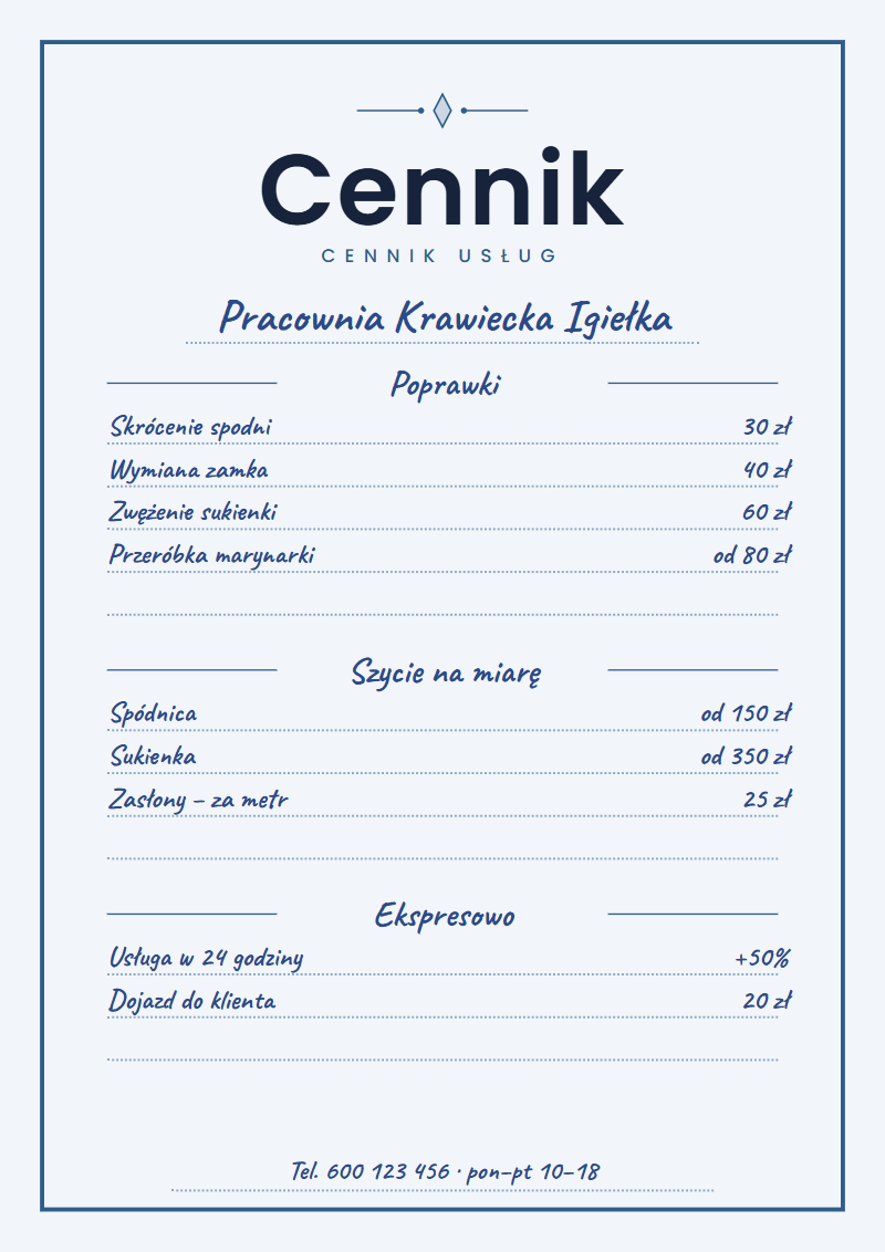 Cennik usług wzór do druku – uniwersalny szablon PDF z polami do wpisania dla pracowni, warsztatu, korepetycji i taxi, granatowy, wersja kolorowa i oszczędna, A4 - obrazek 3