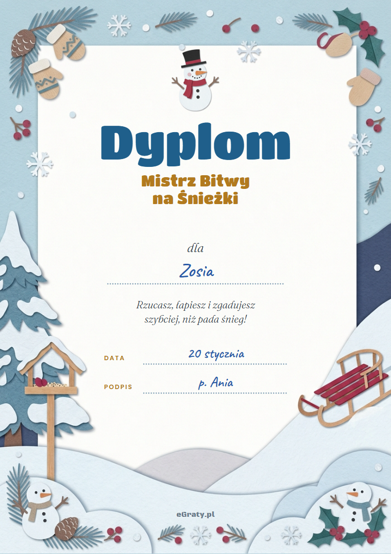 dyplom zimowy do druku — przykład wypełniony