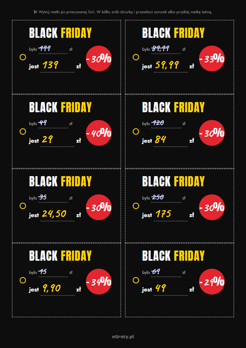 Etykiety cenowe do druku – metki Black Friday z ceną było / jest i kółkiem na rabat, 8 na kartce A4, do zawieszenia albo przyklejenia, wersja czarna i oszczędna, PDF - obrazek 3
