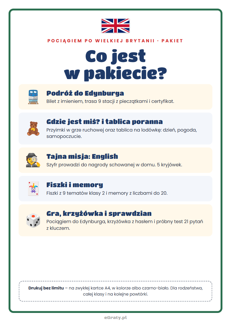 Co jest w pliku — karty pracy angielski klasa 2