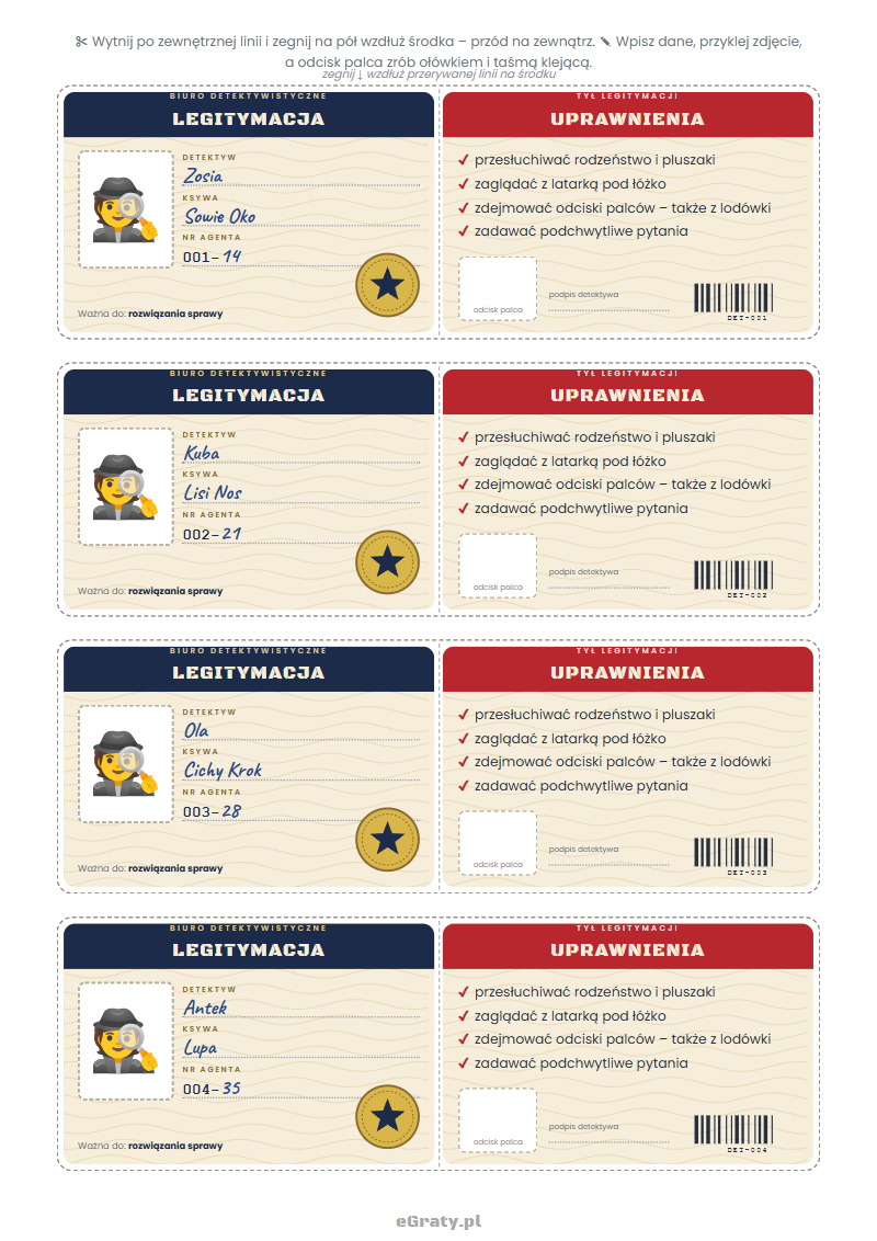 Legitymacja detektywa dla dzieci do druku – legitymacja do złożenia z odciskiem palca i odznaka szeryfa z imieniem, na urodziny detektywistyczne, PDF - obrazek 3