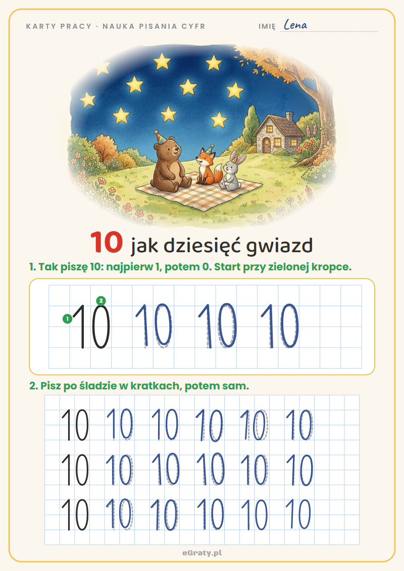 Nauka pisania cyfry 10 – karta pracy, 10 jak dziesięć gwiazd