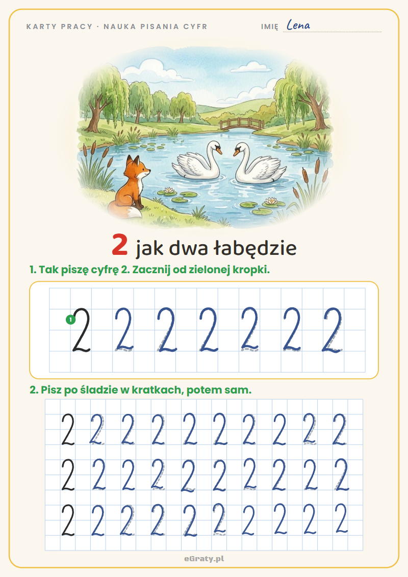 Nauka pisania cyfry 2 – karta pracy, 2 jak dwa łabędzie