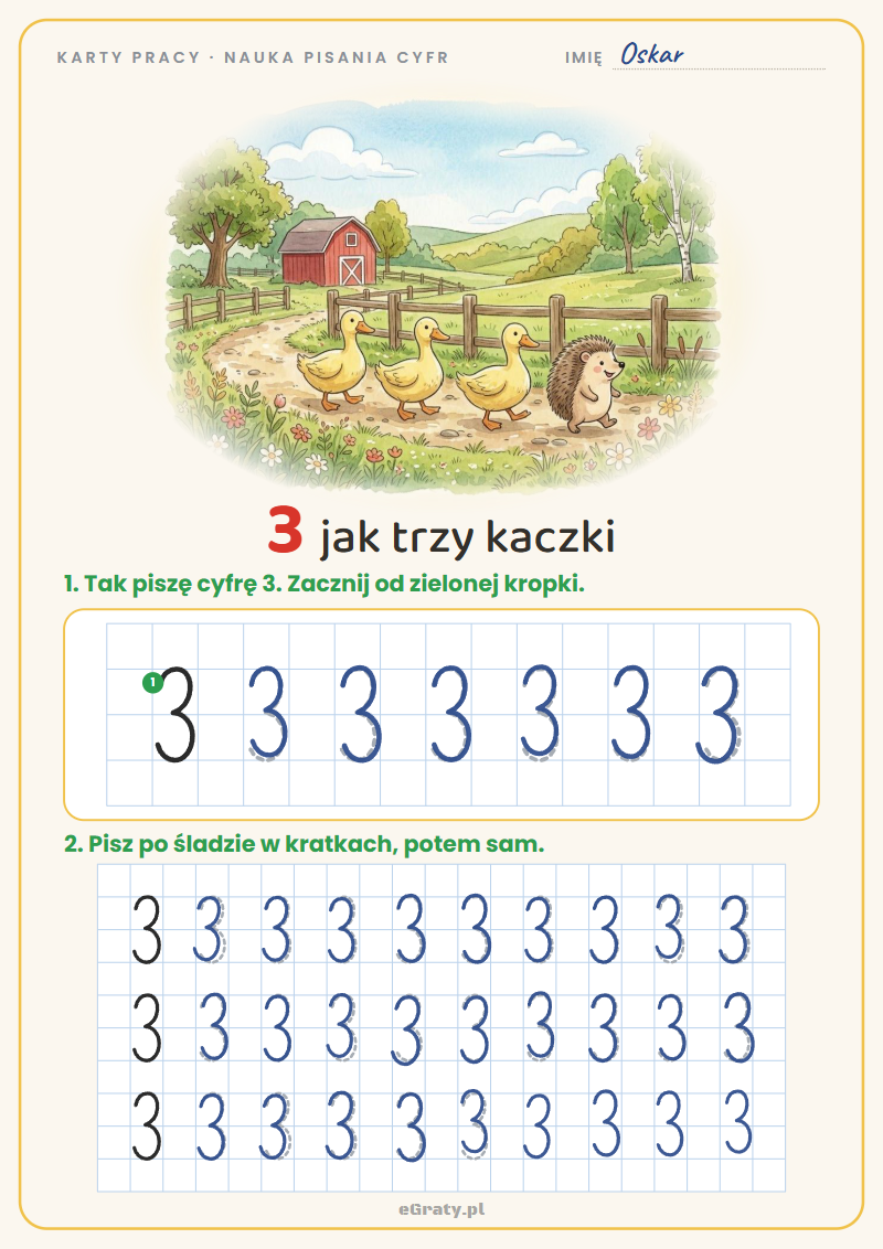 Nauka pisania cyfry 3 – karta pracy, 3 jak trzy kaczki