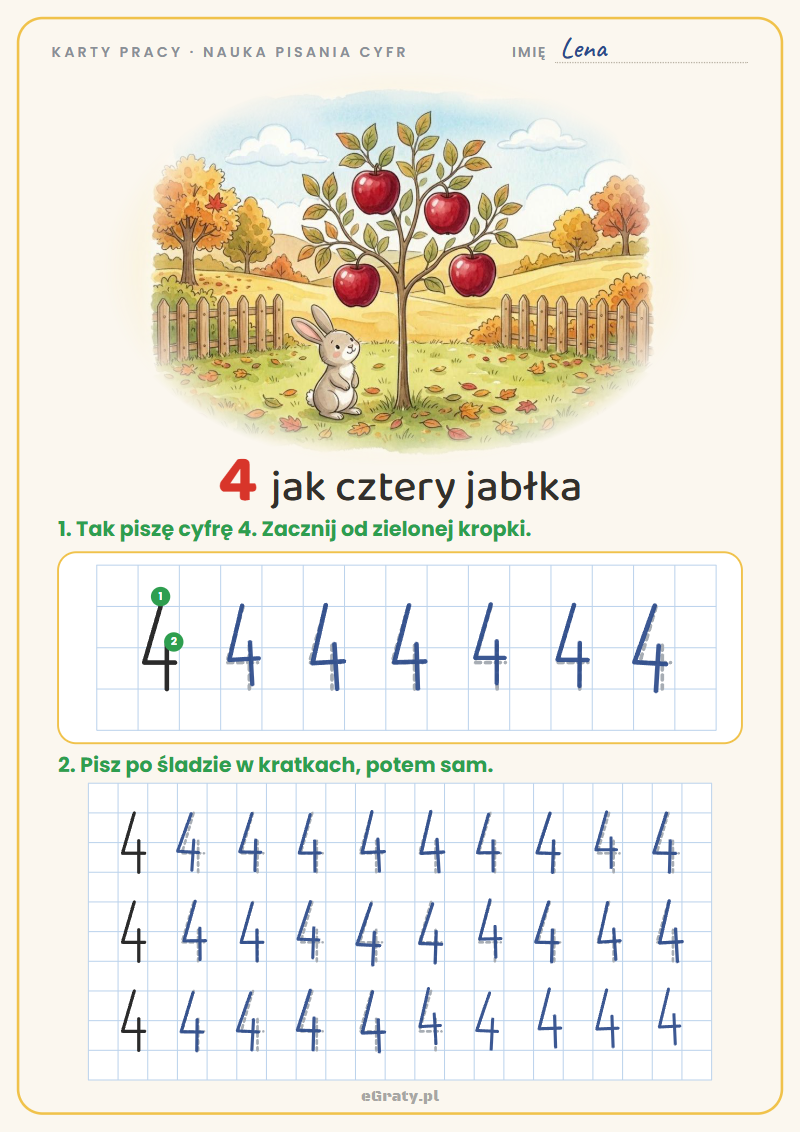 Nauka pisania cyfry 4 – karta pracy, 4 jak cztery jabłka