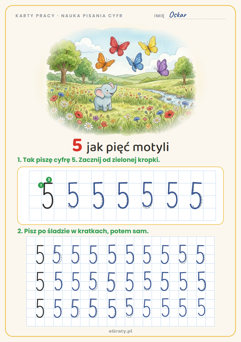 Nauka pisania cyfry 5 – karta pracy, 5 jak pięć motyli