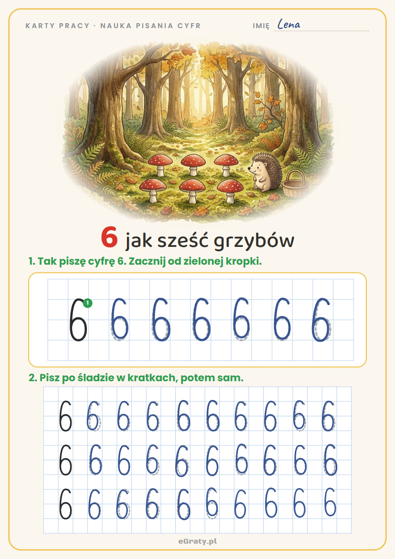 Nauka pisania cyfry 6 – karta pracy, 6 jak sześć grzybów