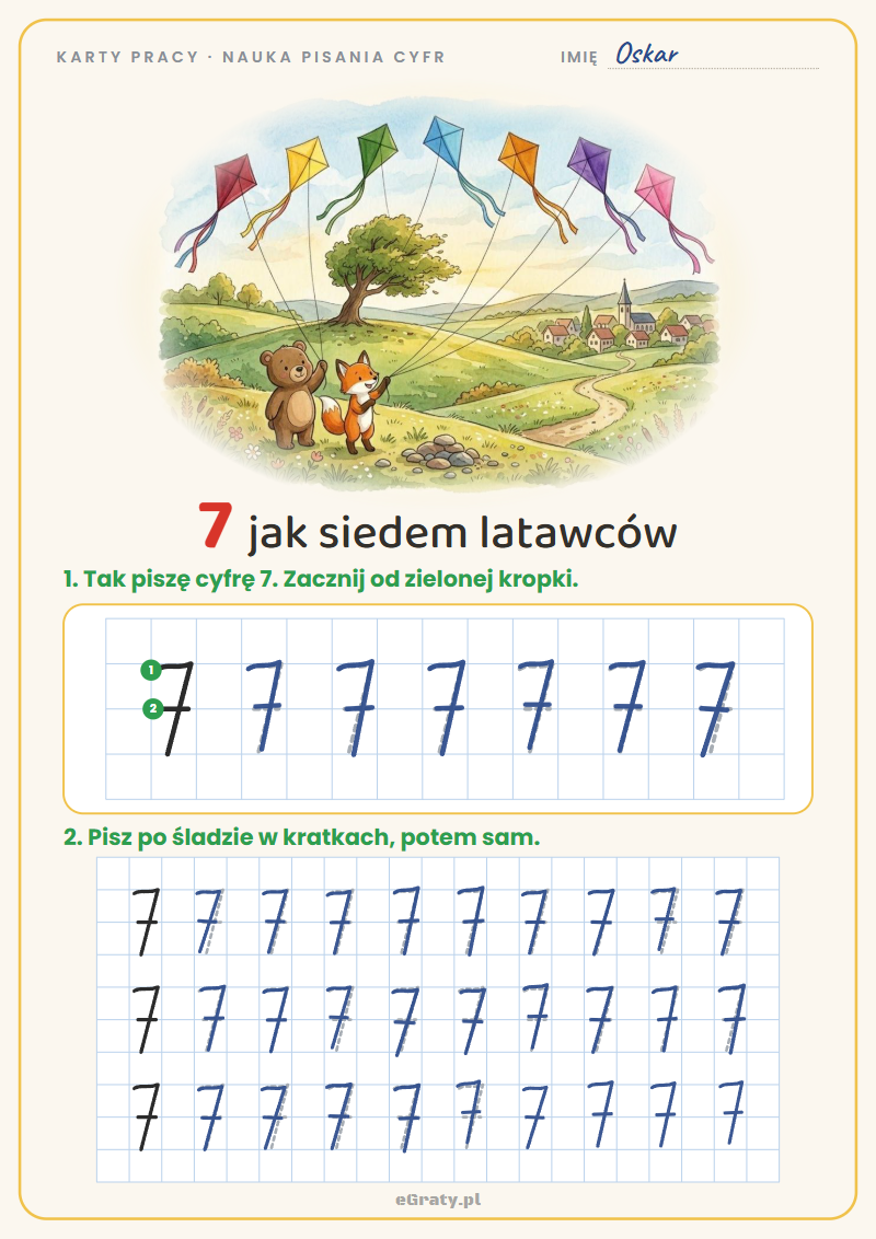 Nauka pisania cyfry 7 – karta pracy, 7 jak siedem latawców