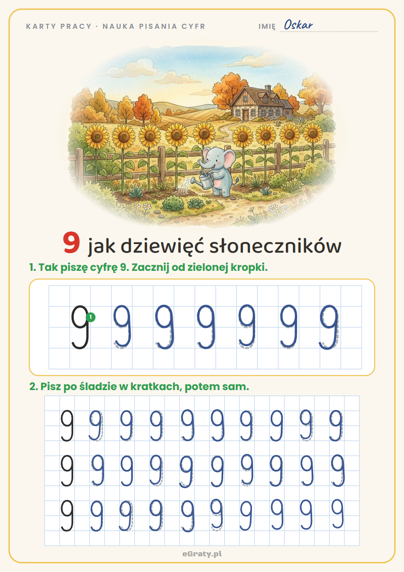 Nauka pisania cyfry 9 – karta pracy, 9 jak dziewięć słoneczników