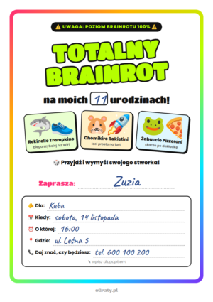 zaproszenie na urodziny brainrot