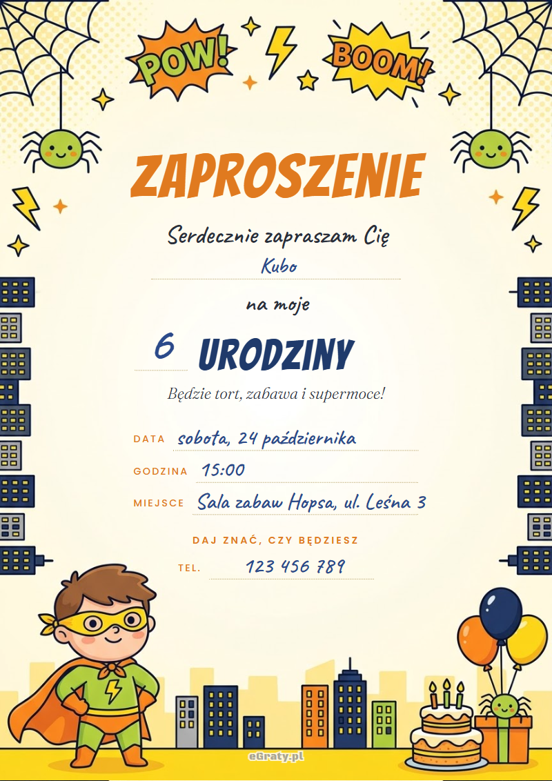 Zaproszenie na urodziny superbohaterowie do druku — bohater w pelerynie, komiksowe miasto i pajączki