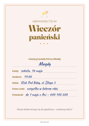 zaproszenie na wieczór panieński — przykład