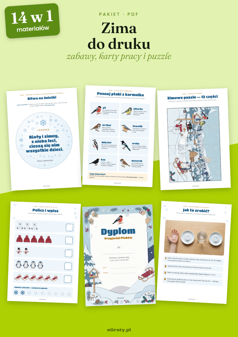 Zima do druku dla dzieci — pakiet 14 w 1: zabawy, karty pracy, puzzle i dyplomy